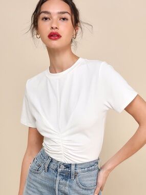 NWT Lulus Simply a Vibe Ivory Ruched Short Sleeve Crew Neck Top Size XS